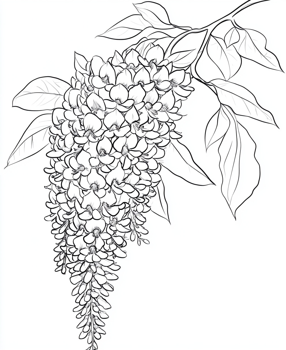 Coloring page with large wisteria plant for adults.