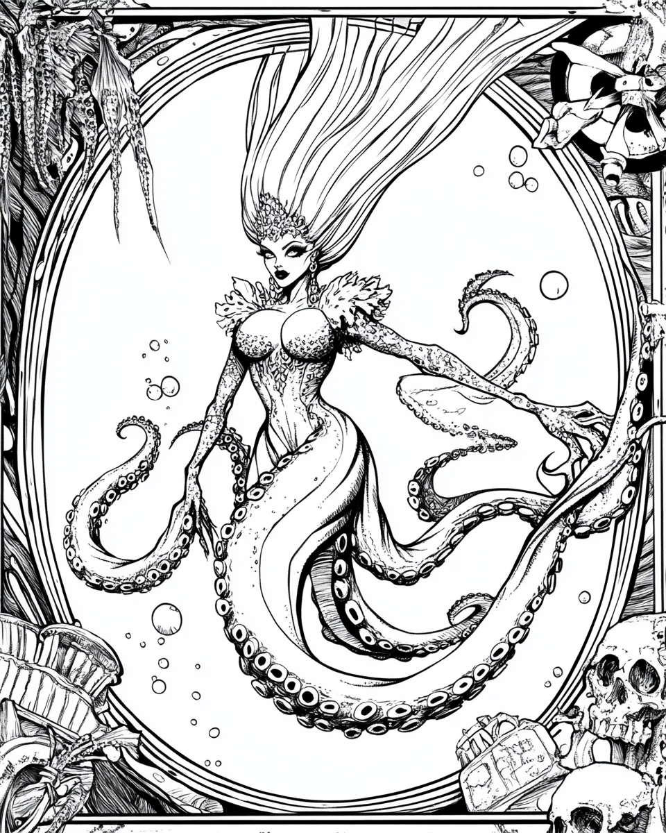 Coloring page: Beautiful Sea Witch with glossy octopus tentacles, jewels.