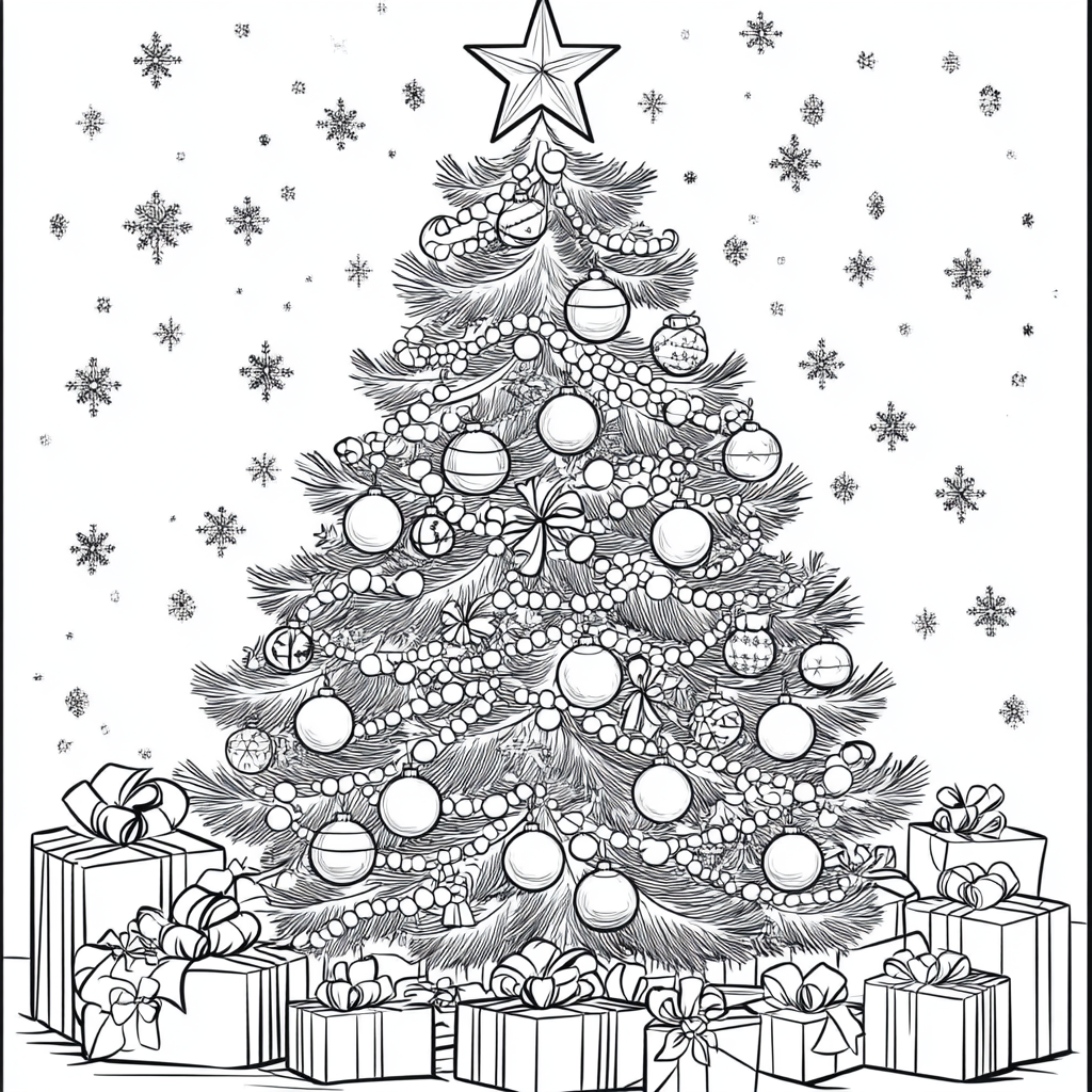 Coloring page: Christmas tree with presents for adults