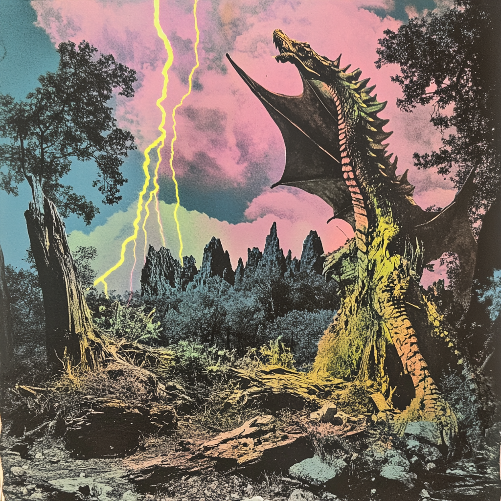 Colorized risograph collage of a lightning dragon, trees.