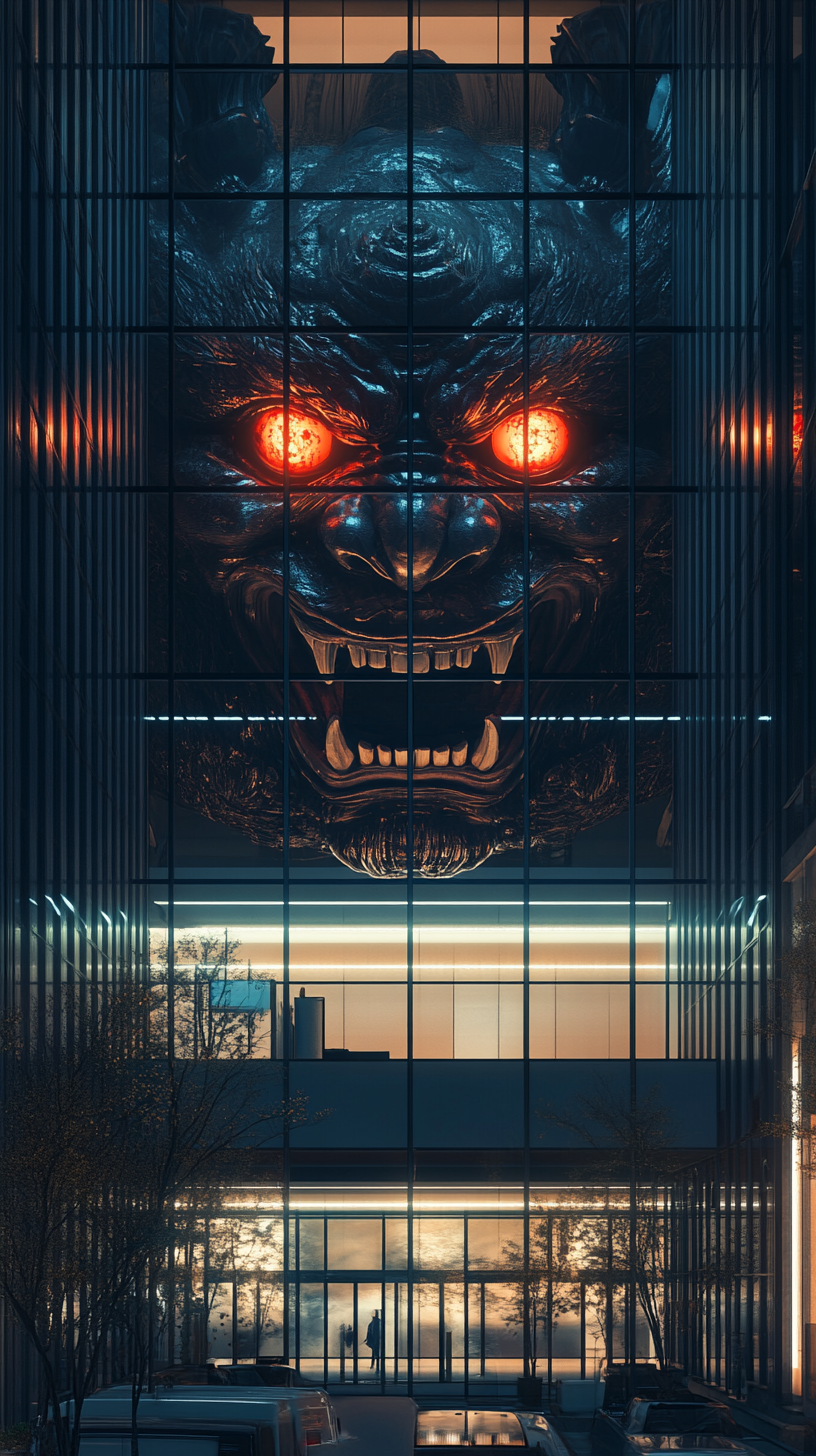 Colossal oni mask yokai reflected ominously in building.