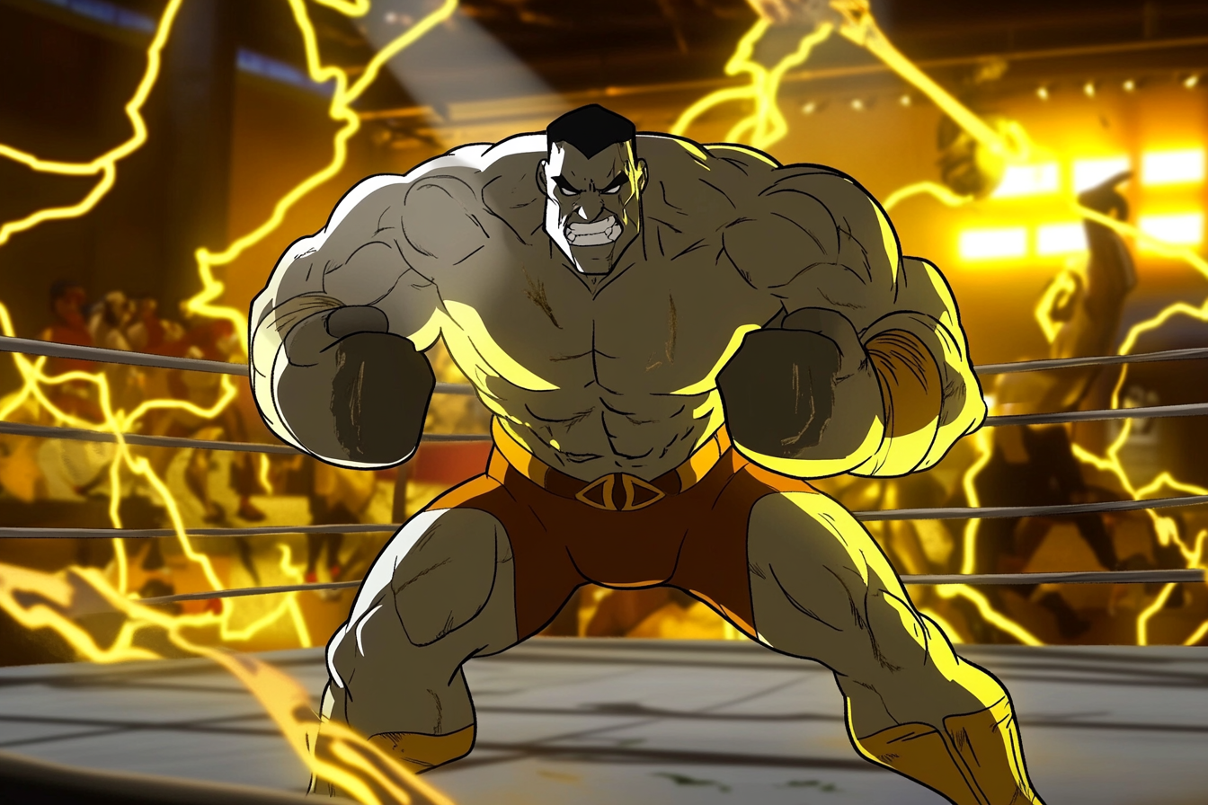 Colossus strikes golden pose in animated boxing ring.