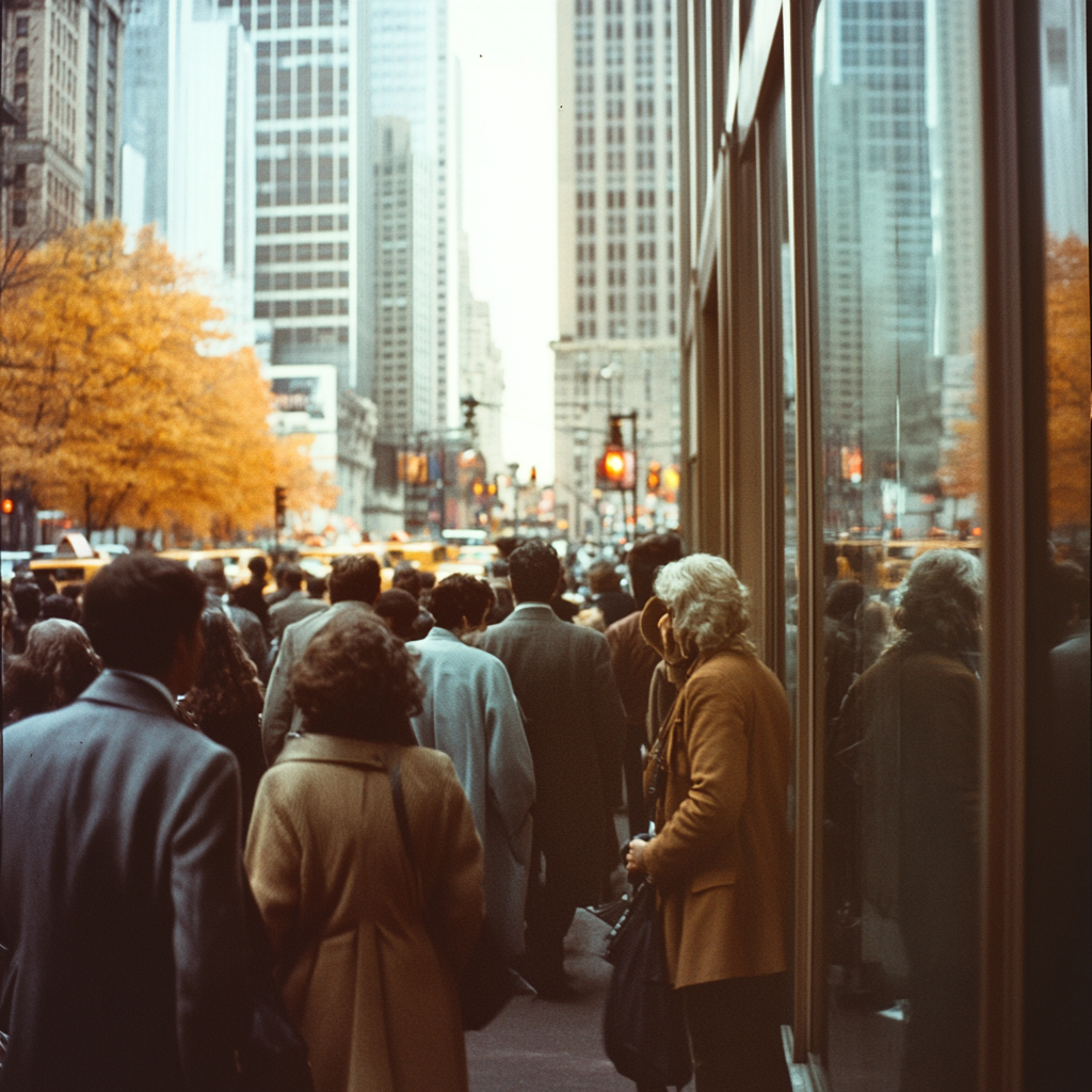 Colour film street photography of busy NYC in 80s.