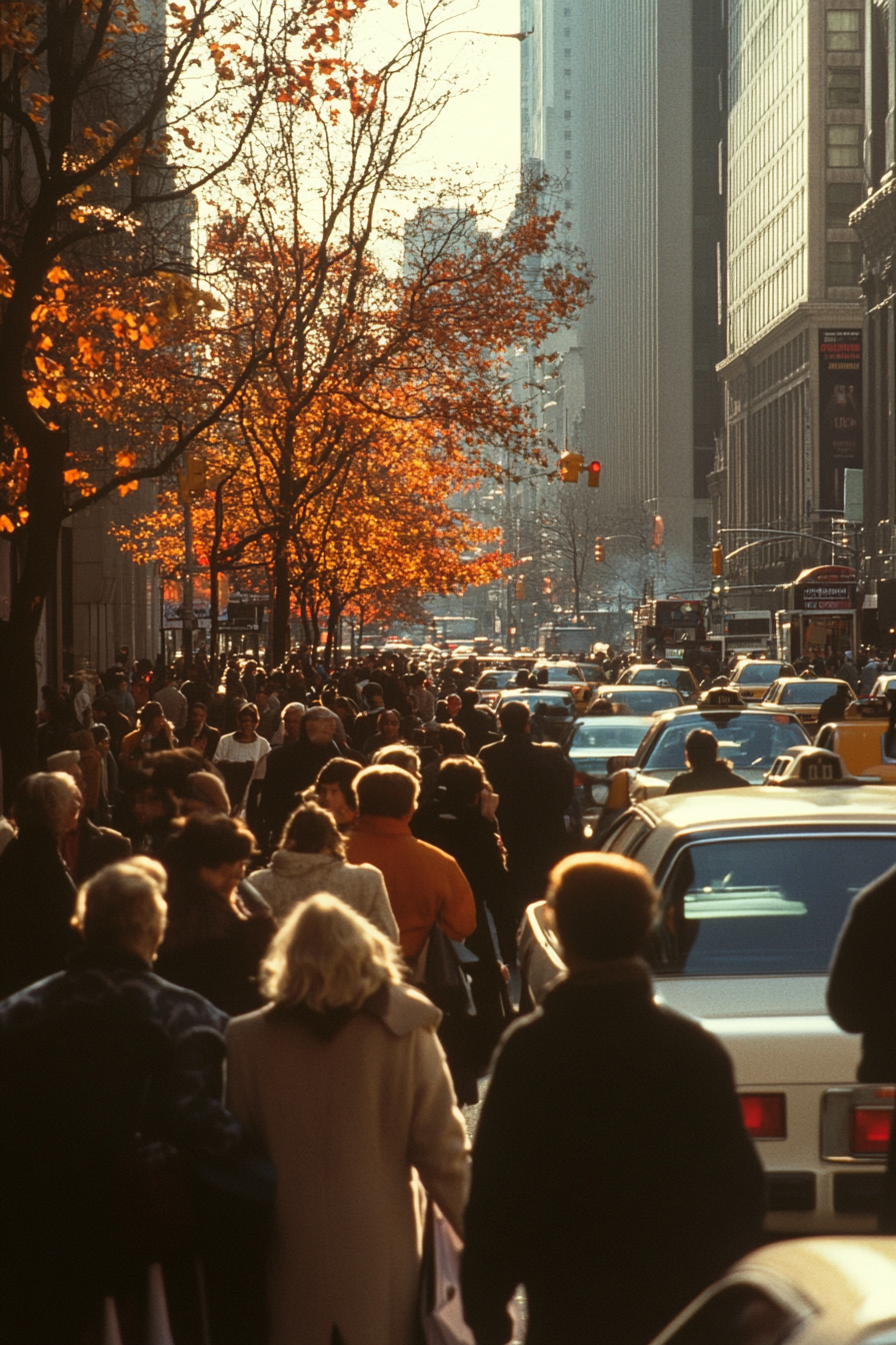 Colour street photography capturing 1980s NYC hustle and bustle.