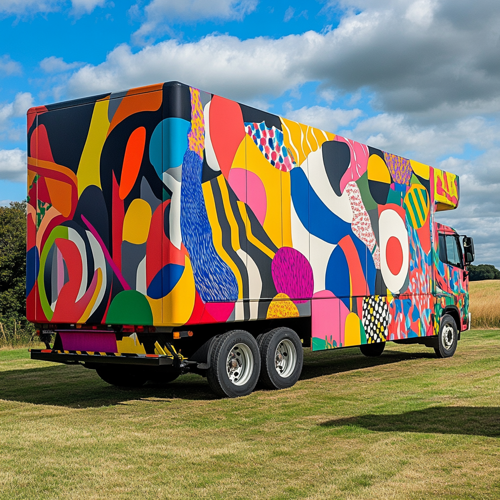 Colourful, artistic, graphic wrap on 7.5 tonne UK lorry.