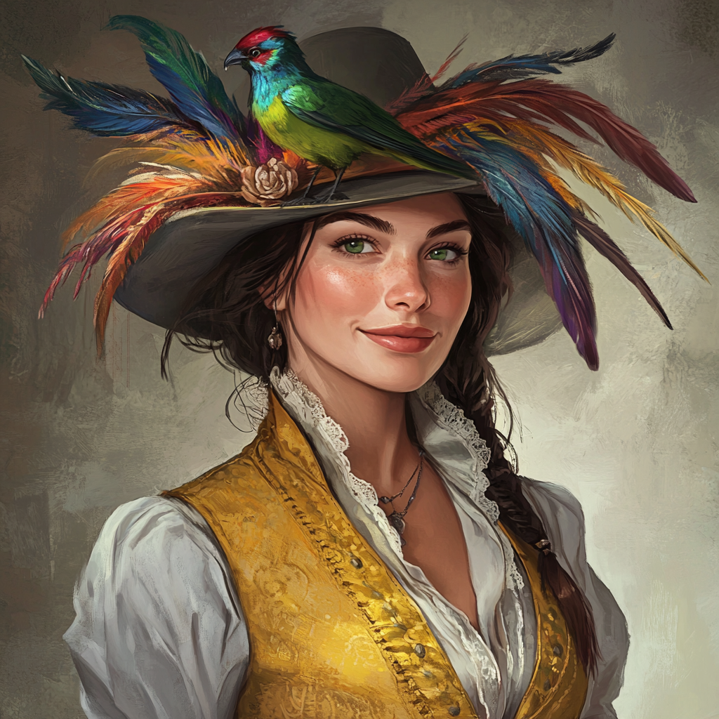 Colourful feathered hat on Caucasian woman in western attire, smiling.