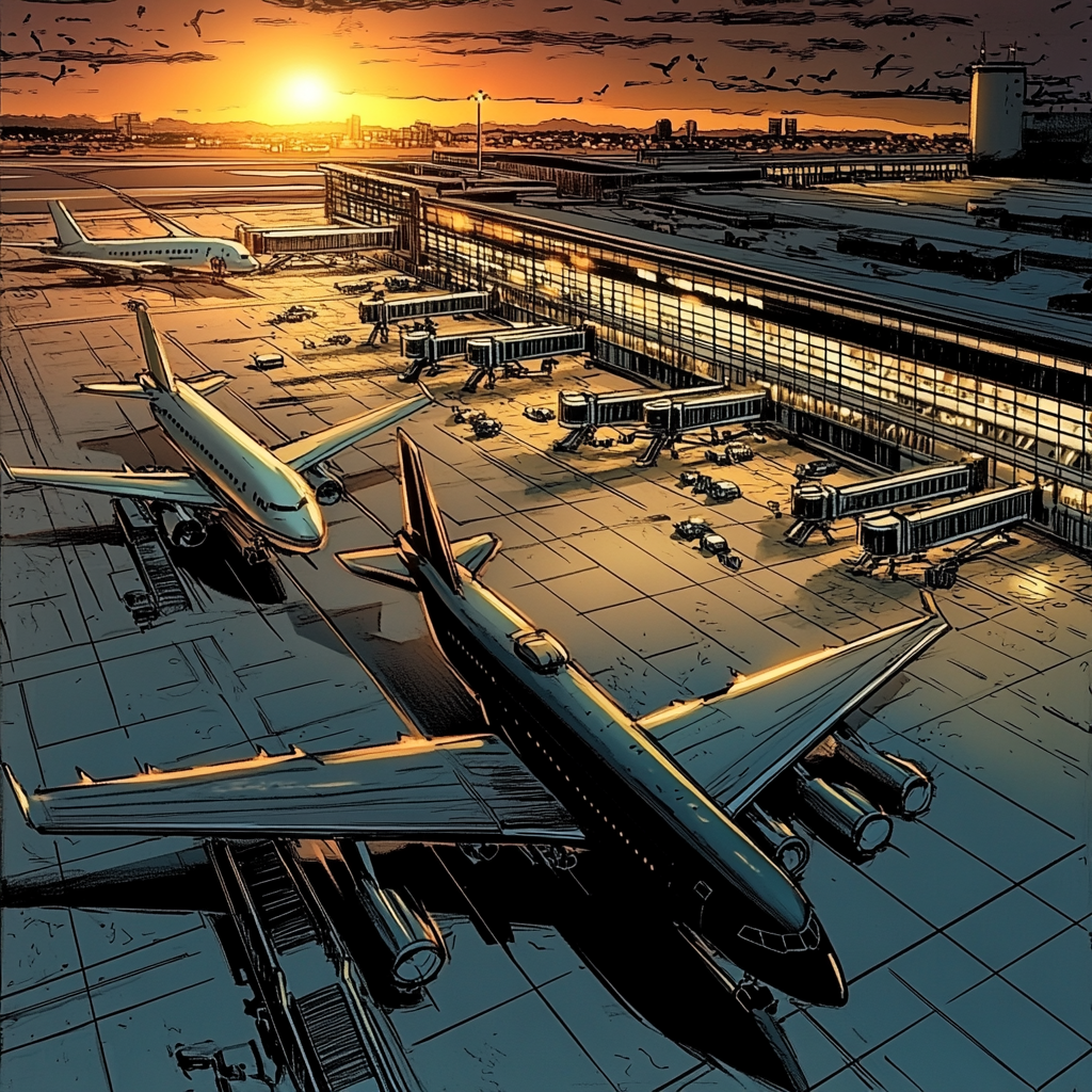 Comic Book: Modern Airport with Jet Bridges