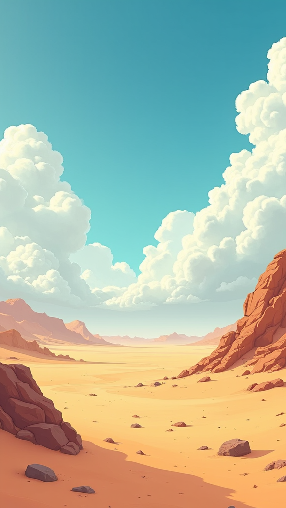 Comic book cover of Middle Eastern desert with clouds.