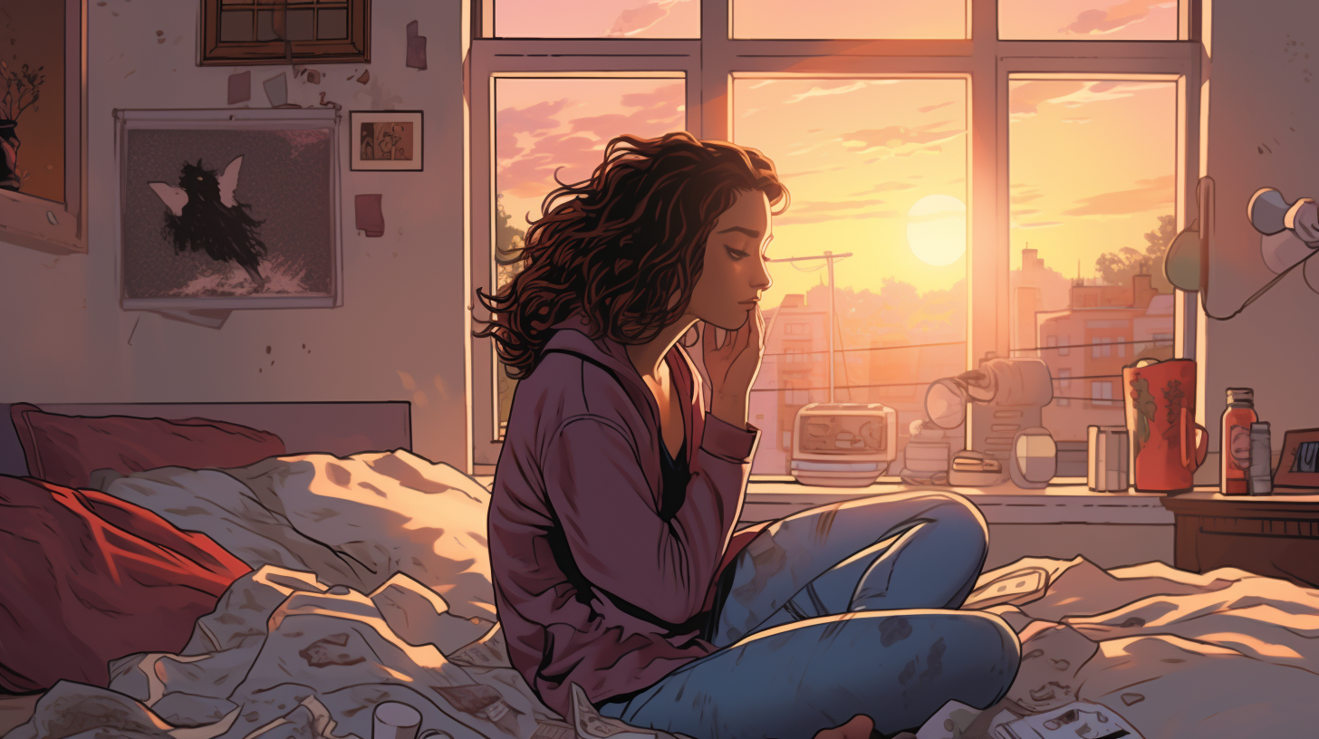 Girl waking up in morning comic illustration