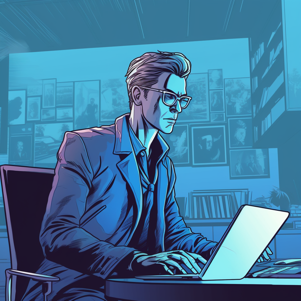 Comic book illustration of confident real estate agent typing.