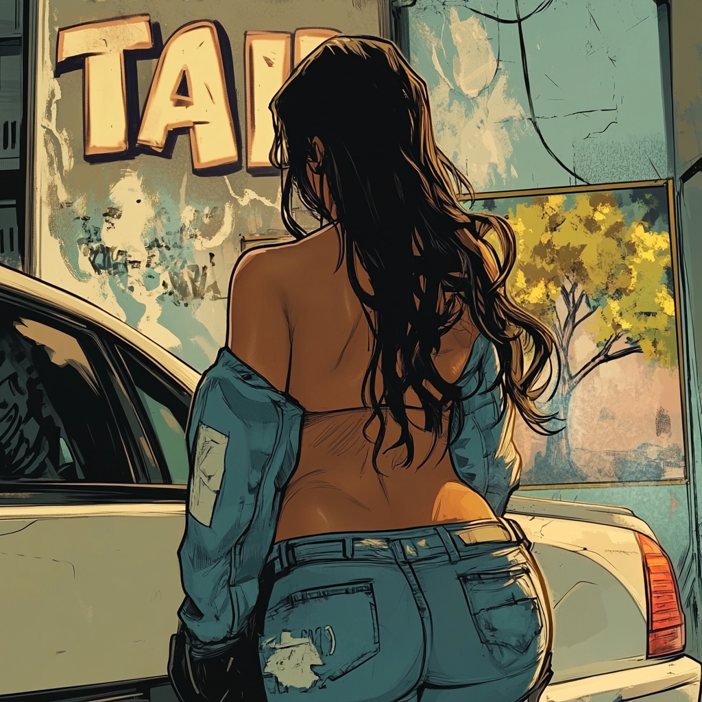 Comic book style: Latina woman loaded into police cruiser.