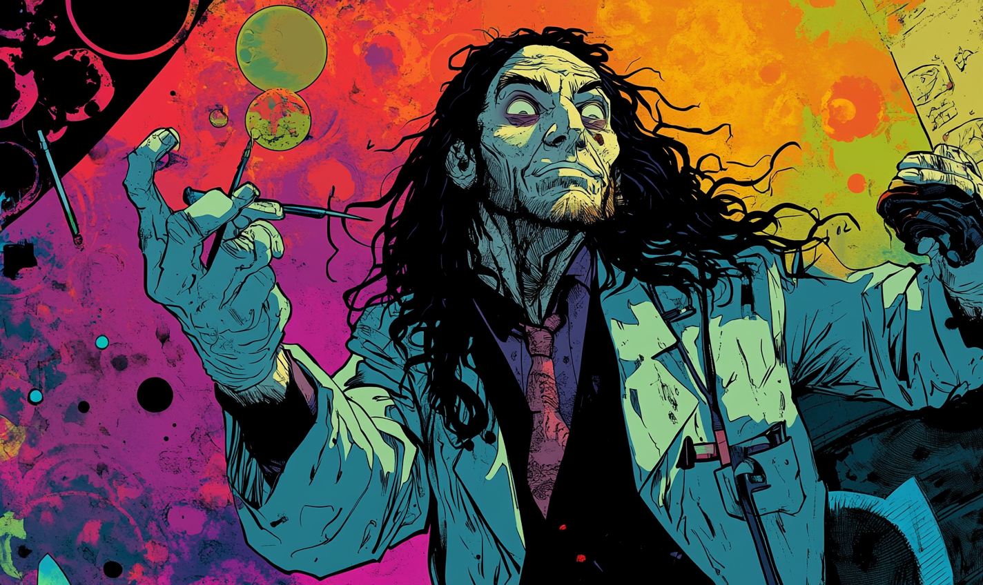 Comic book surgeon resembling John Corabi performs experiments.