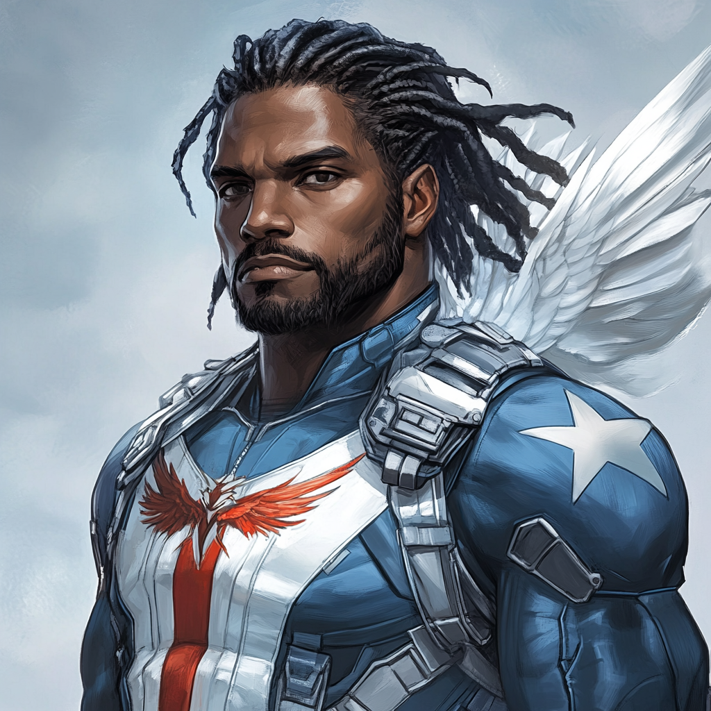 Comic character with dreads in patriotic costume. Phoenix symbol.