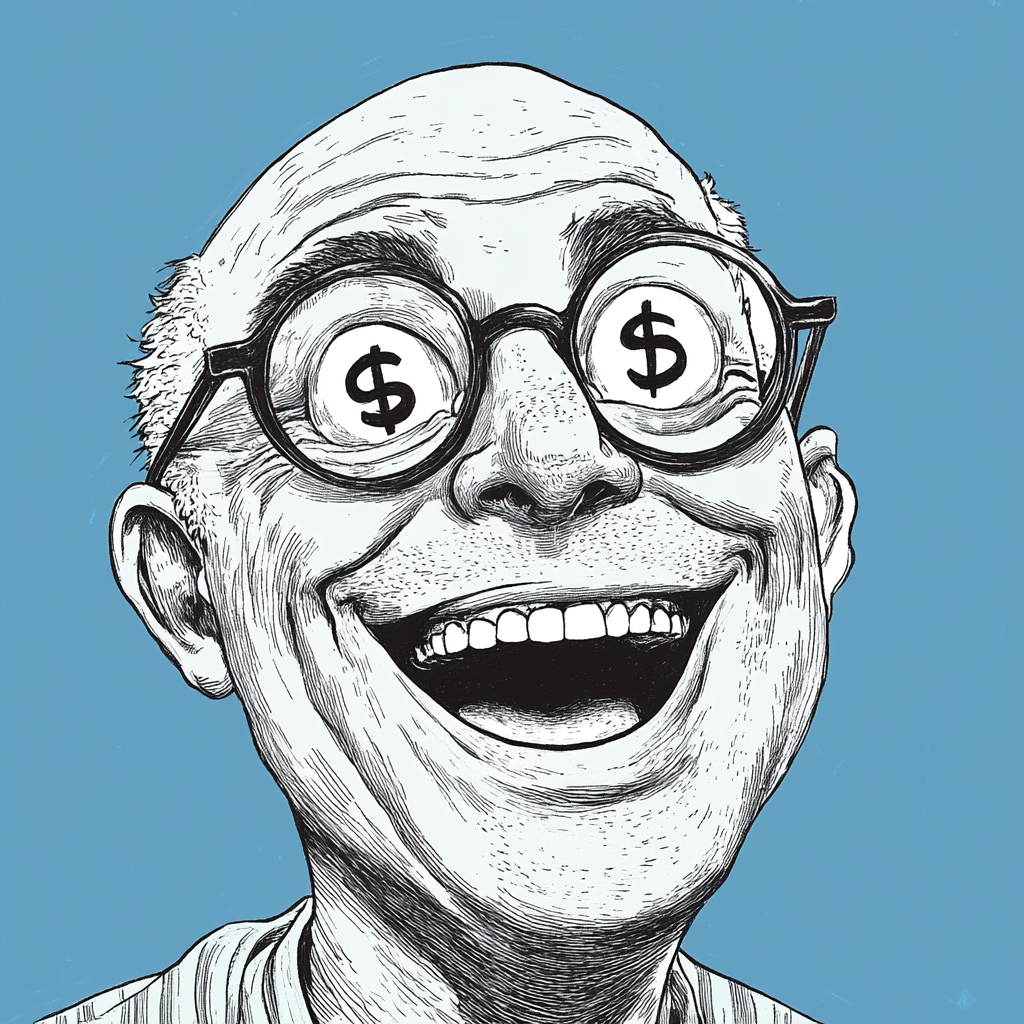 Comic man with glasses, laughing with dollar eyes.