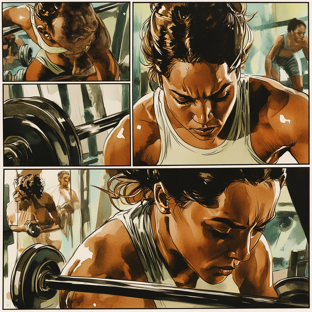 Comic page of female weight lifter at Olympics.