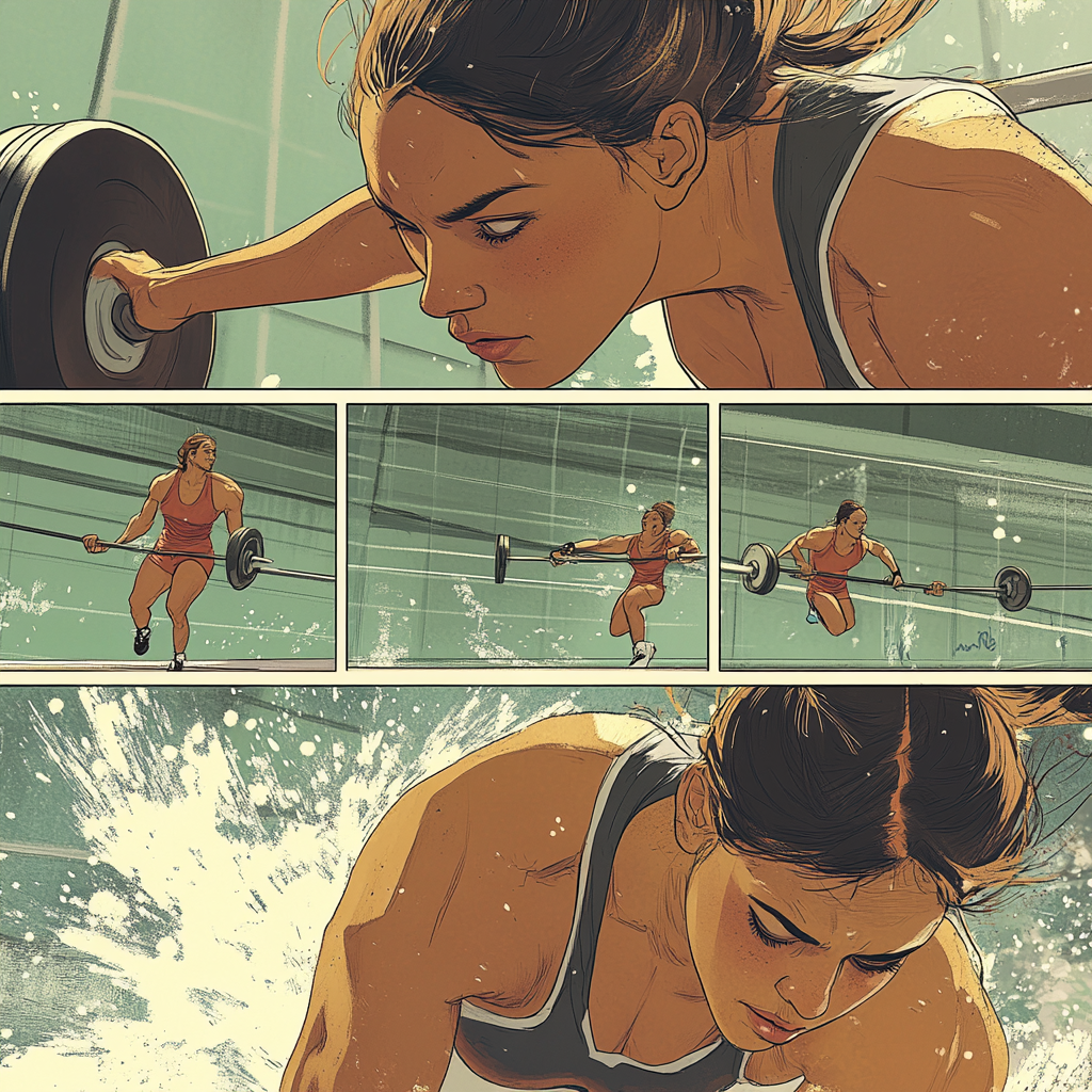 Comic page of female weight lifter at Tokyo Olympics.