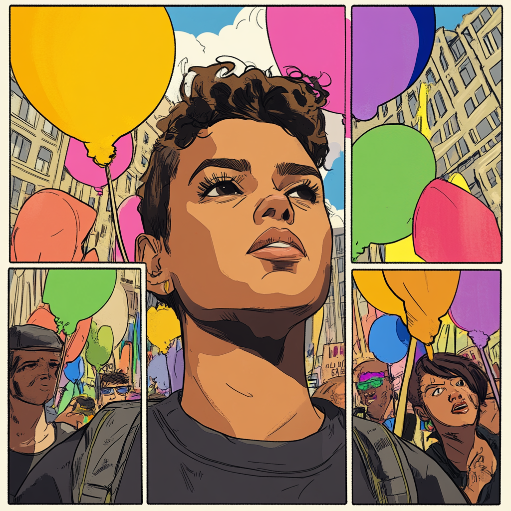 Comic page of transgender protest with dynamic panels.