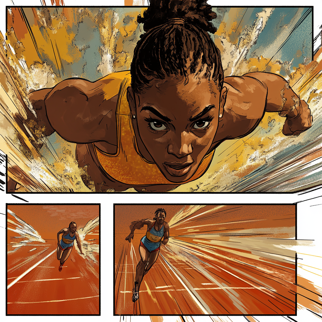 Comic page with transgender athlete winning in excitement.