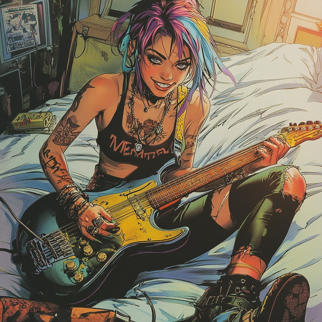 Comic panel of punk girl pretending to play guitar.