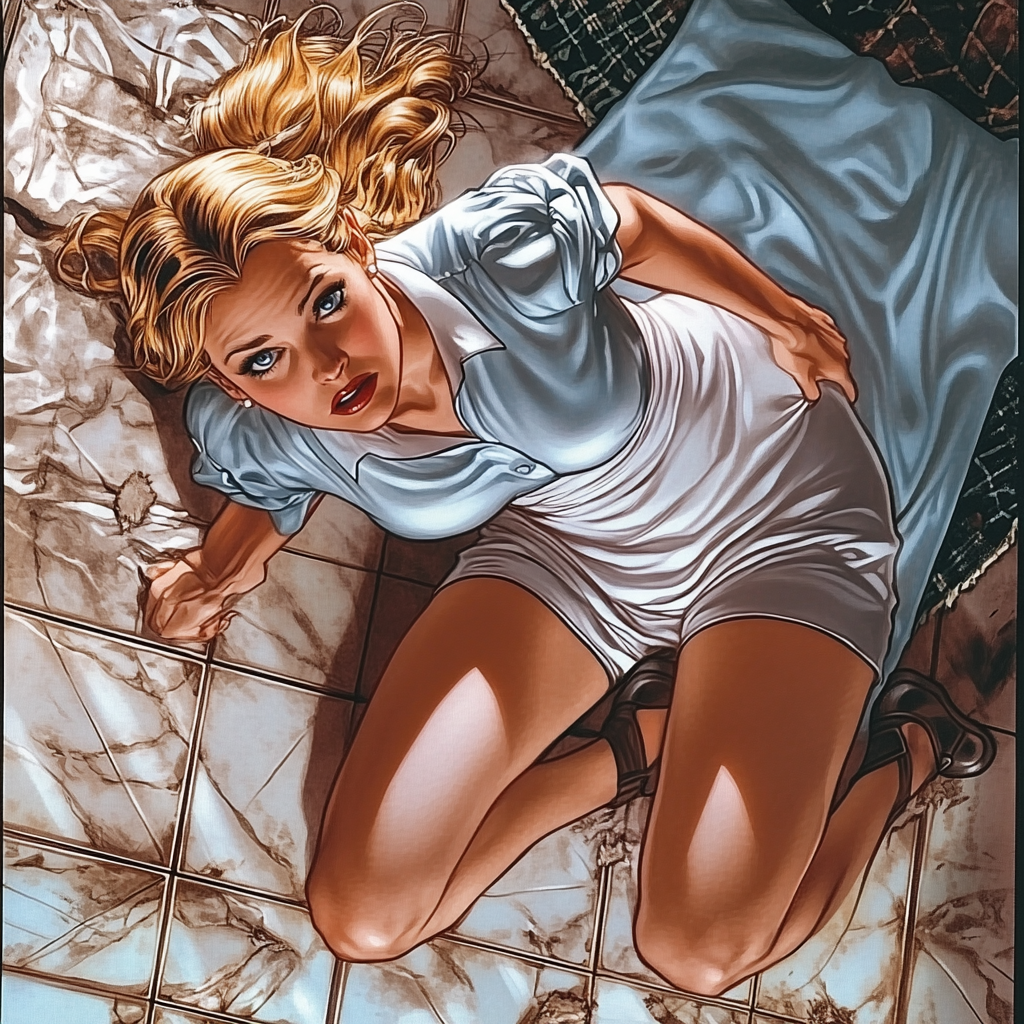 Comic panel: Cameron Diaz as housewife falls forward.