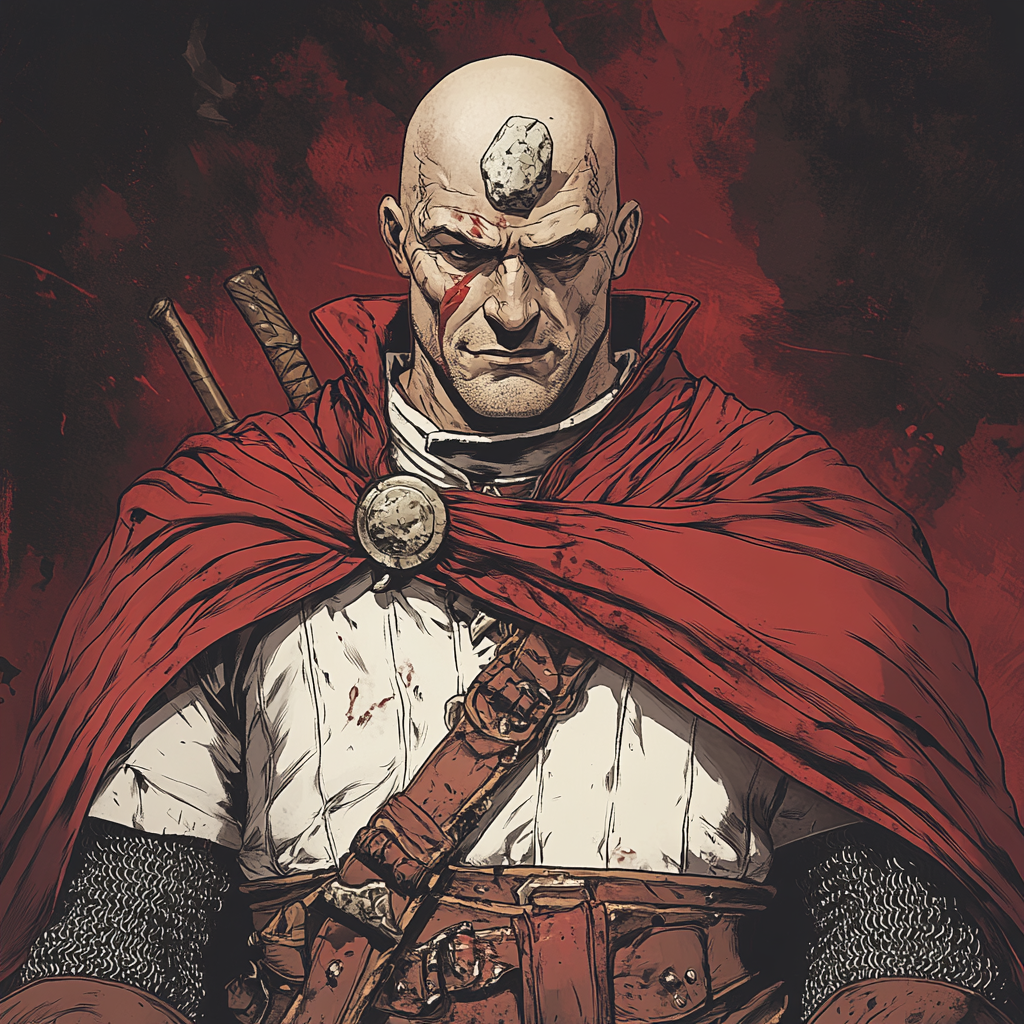 Comic style: Bald man in robe with stone and warhammer.