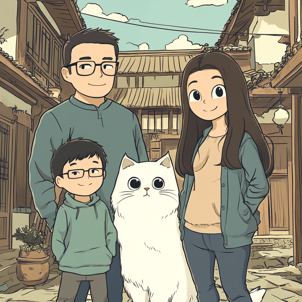 Comic: Chinese family of four with cat, glasses, long hair.