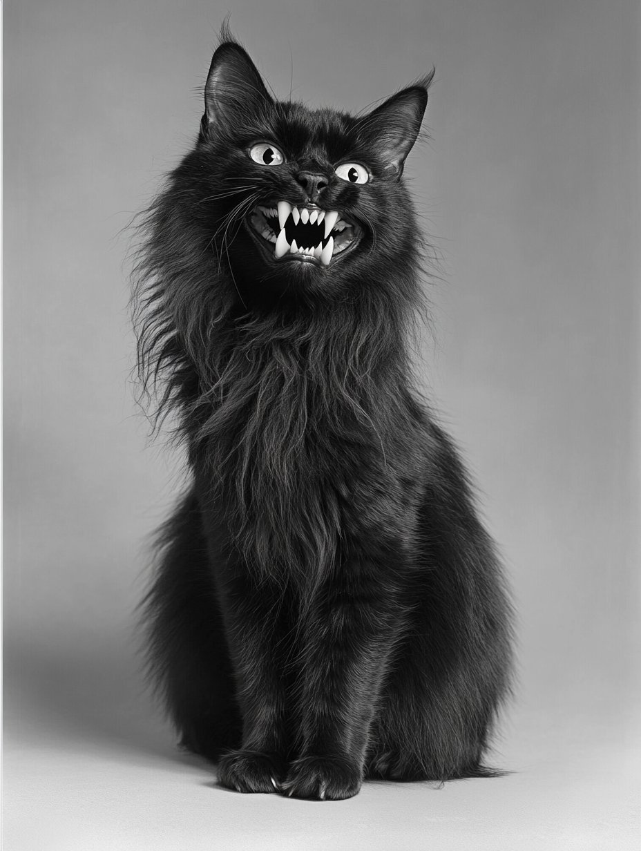 Comical black cat with human teeth smiling widely.