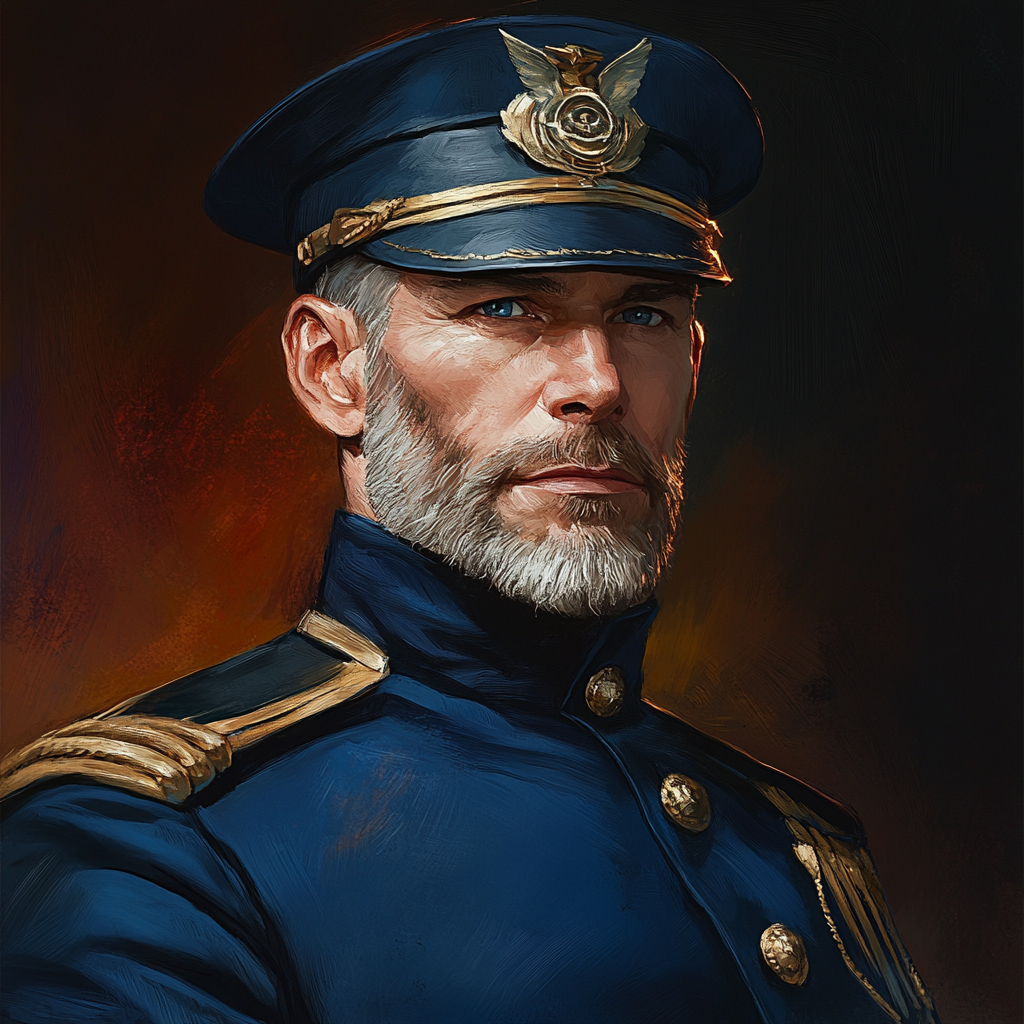 Commanding man in 40s with steely blue eyes, military uniform.