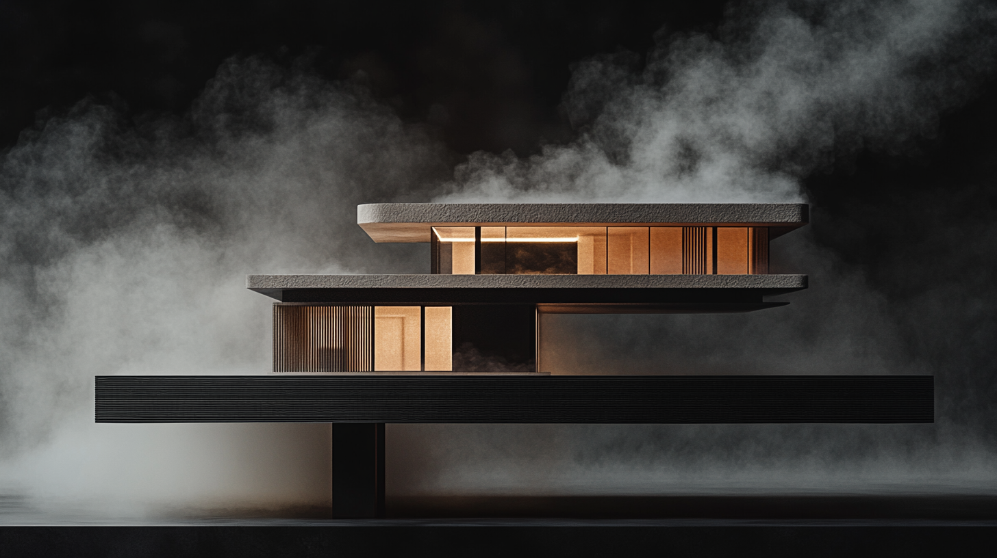 Commercial image of levitating modern house model. Smoke background.