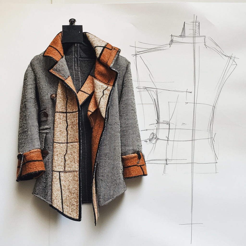 Compare sketch of wool coat to actual garment.