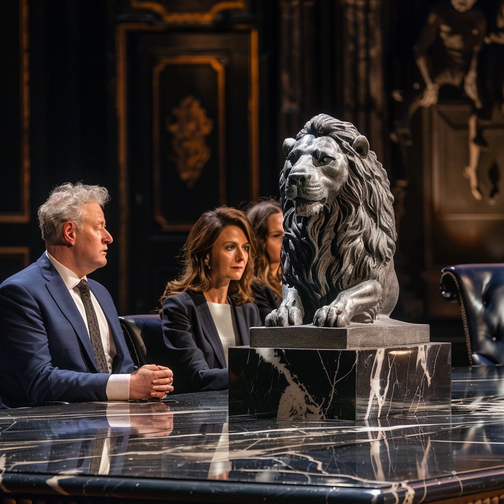 Competition TV show with judges, lion statue prop.