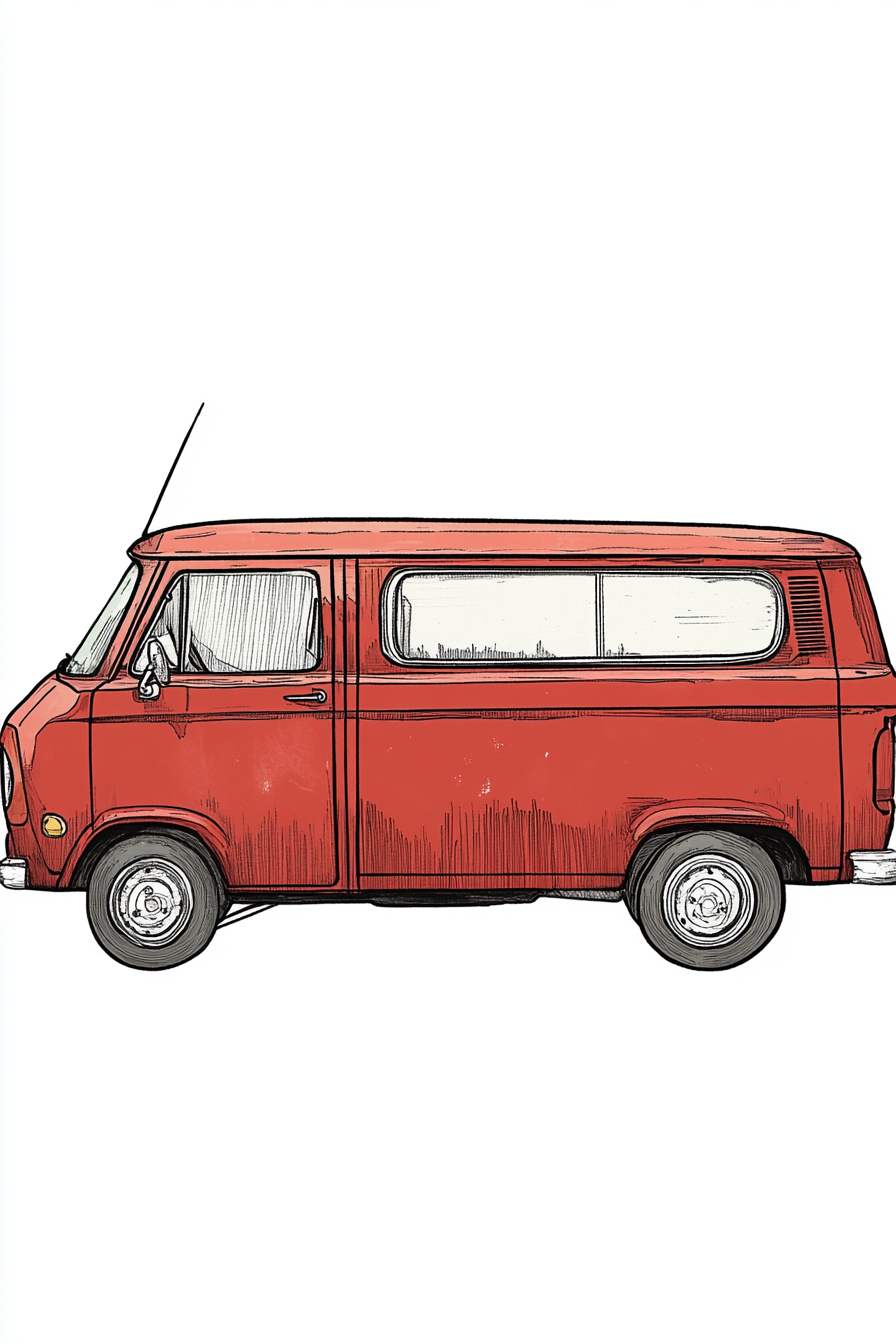 Complete side profile vintage red van illustration.