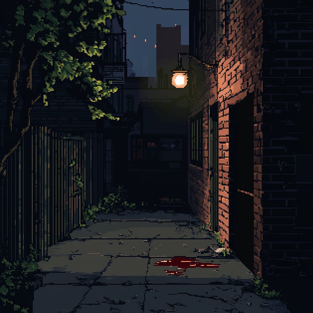 Completed horror-themed side-scroller video game sidewalk view