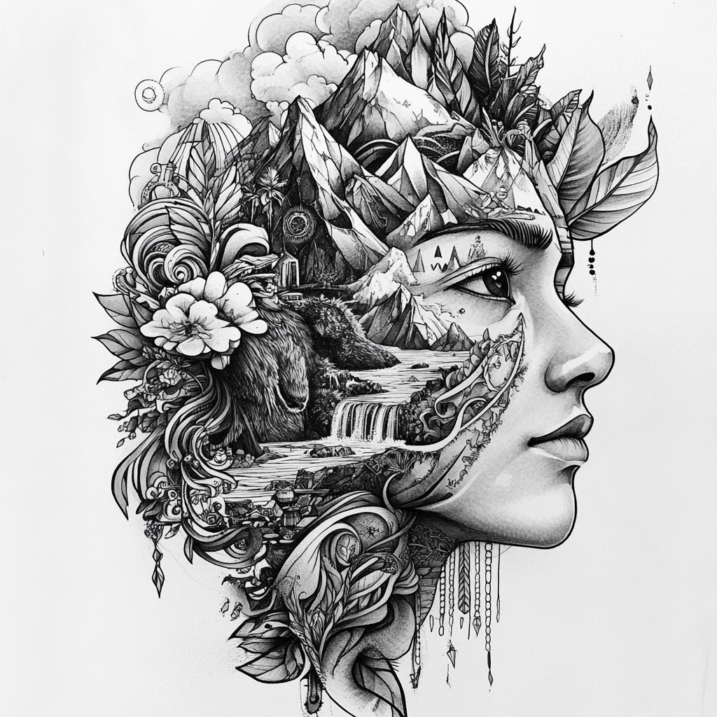 Complex tattoo design of Andean goddess with natural elements.