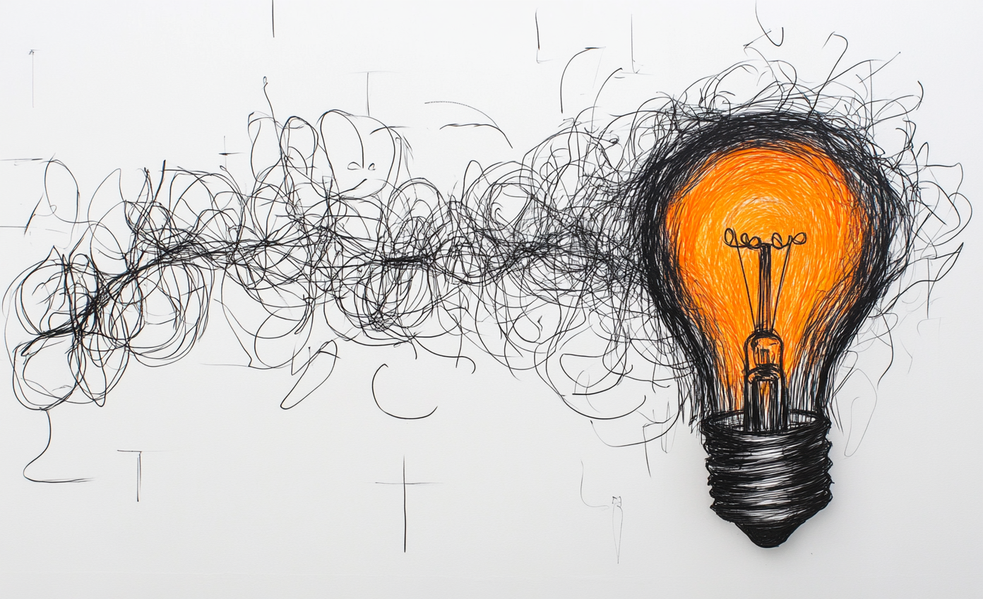 Complex wire drawing in lightbulb shape, glowing orange corner.