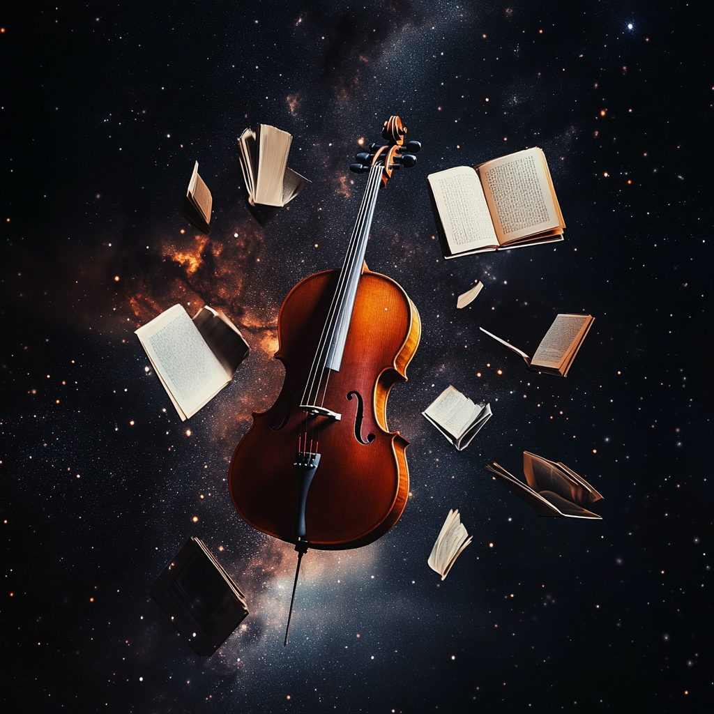 Composition of Cello and flying books in outer space.