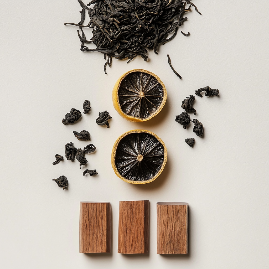 Composition of black tea, lemon, and wood for candles.