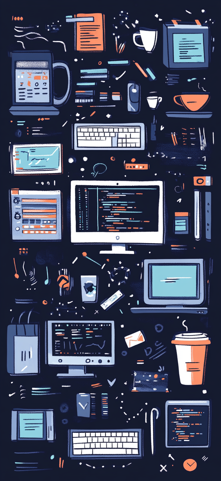 Computer Monitors and Coffee Cups on Navy Blue