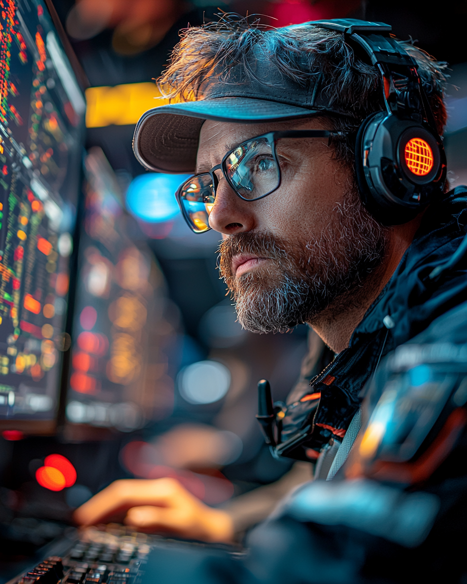 Computer engineer working with team in control room