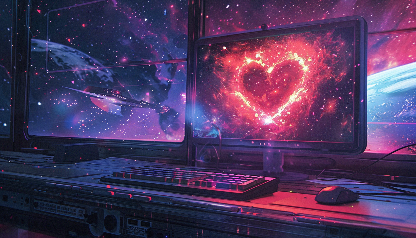 Computer with heart sending energy beams into space