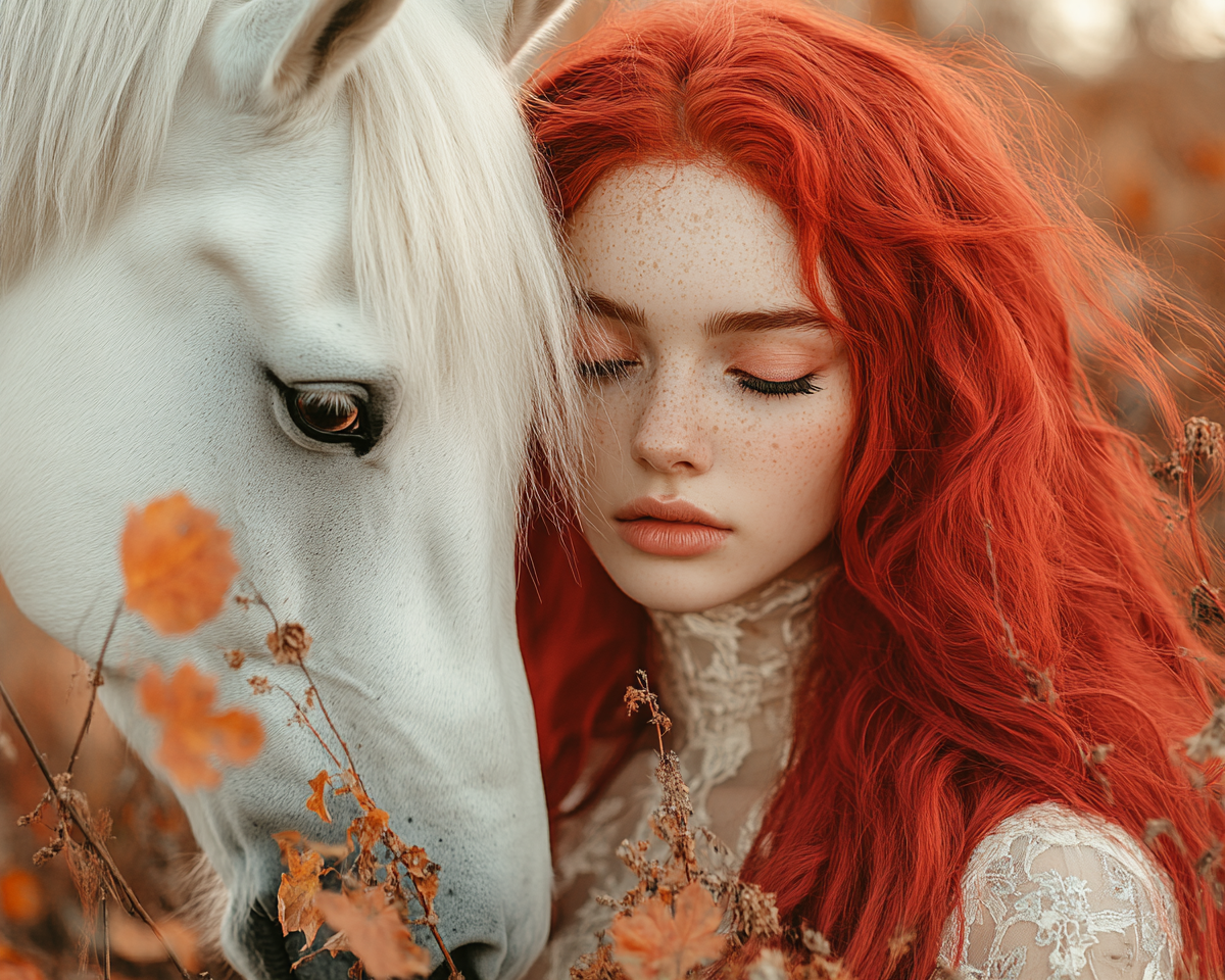 Concentrated Female Holding Horse in Surreal Landscape