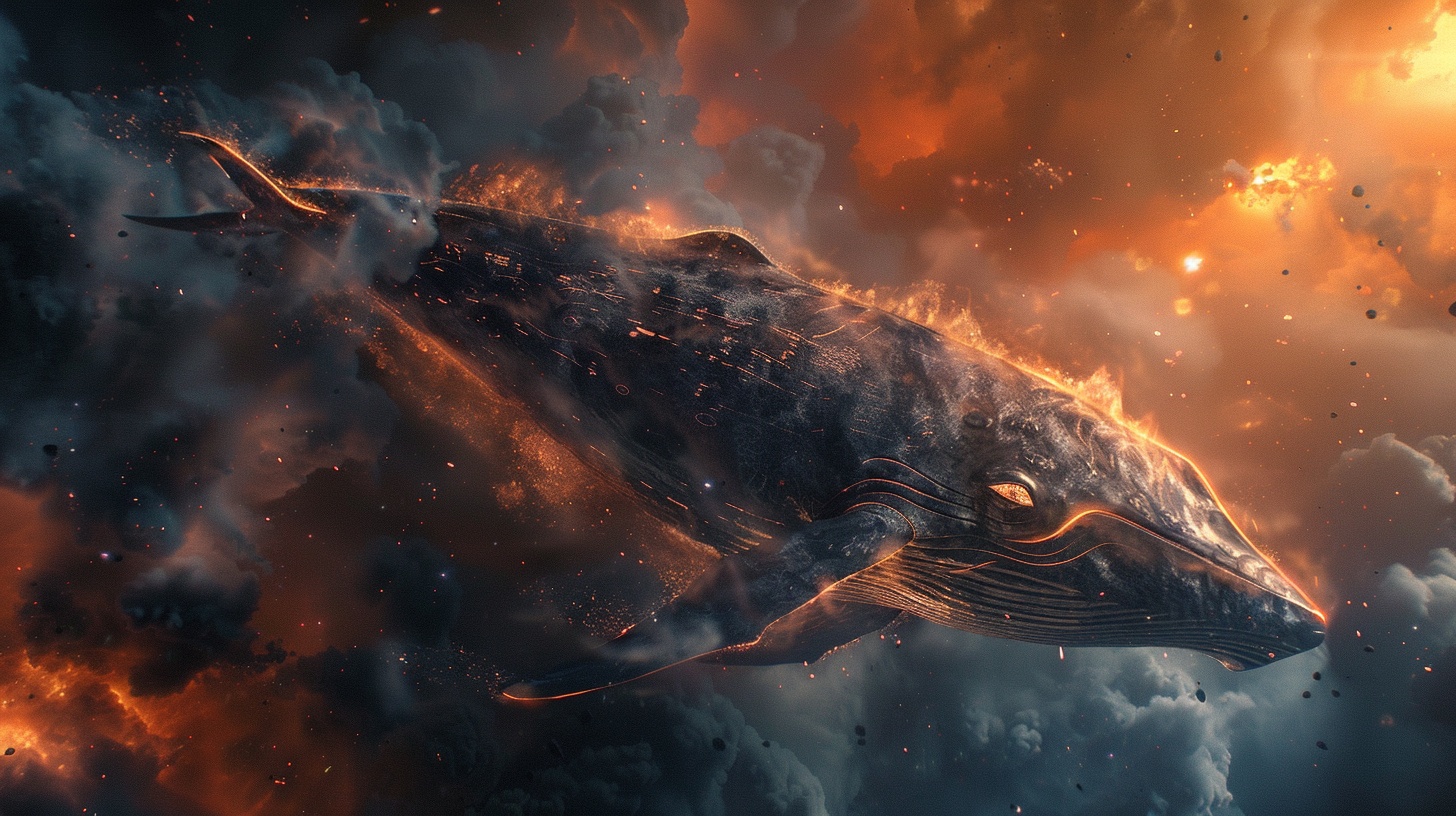 Concept art of space whale emerging from Jupiter.