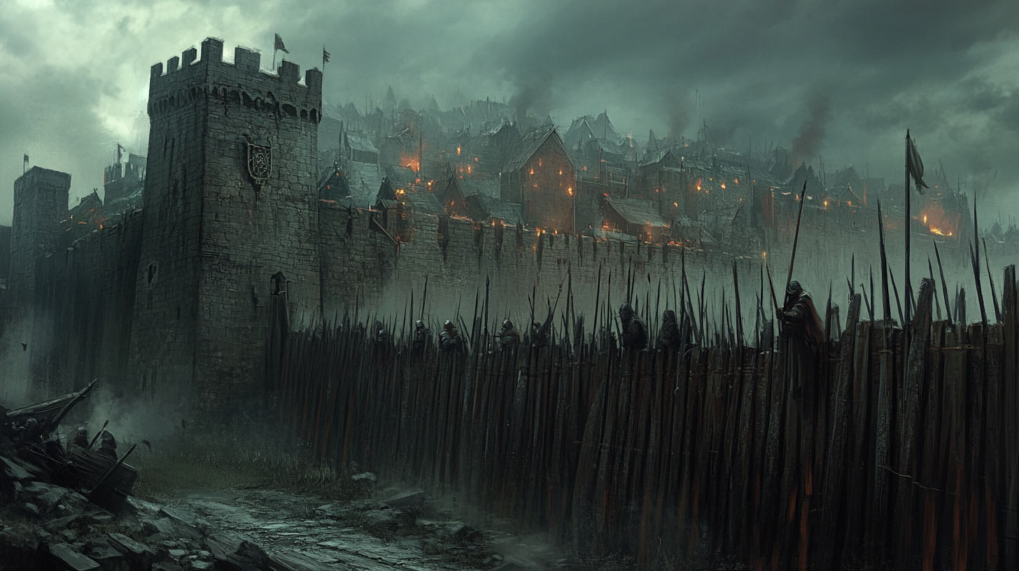 Concept art: medieval fantasy city with towering palisade walls