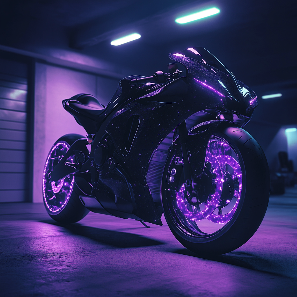 Concept motorcycle styled after Yamaha R3, black with purple.