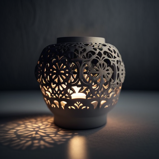 Concrete and silver candle stand with moqarnasat patterns reflecting light.