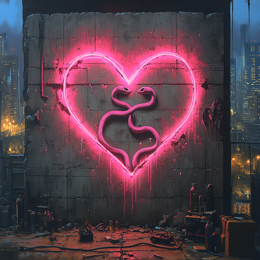 Concrete wall with neon lights, snake graffiti heart, cityscape.