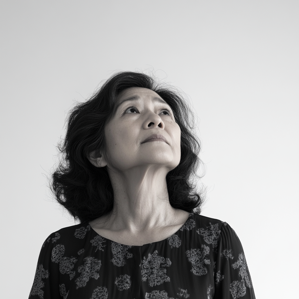 Confident 59-Year-Old Asian Woman in Black and White