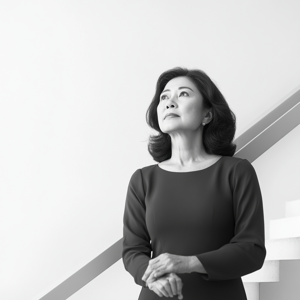 Confident 59-Year-Old Asian Woman on Stairs, Nikon 4k 