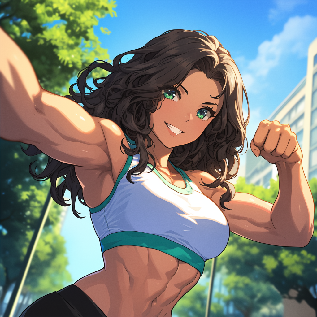 Confident Anime Woman in Athletic Outfit Selfie Pose