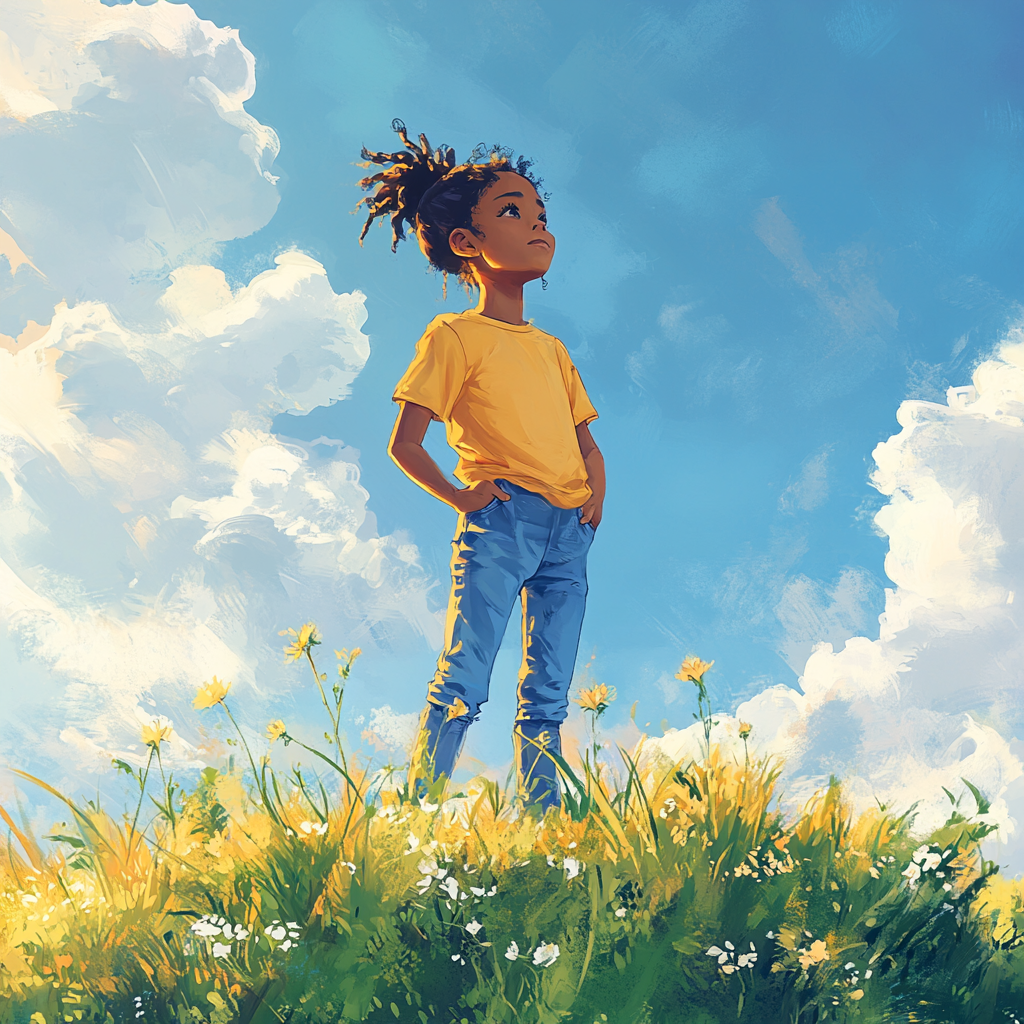 Confident Black Girl on Hill under Blue Sky